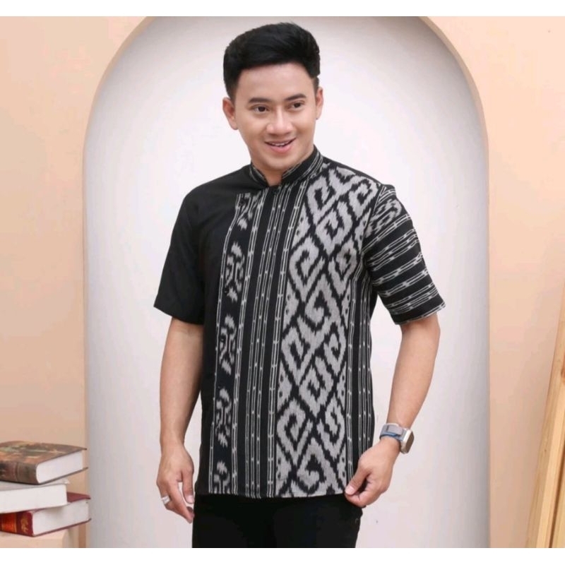 KEMEJA TENUN PRIA LENGAN PENDEK KOMBINASI TOYOBO, AMOTIF TORAJA SUMBA,NTT,PATMA