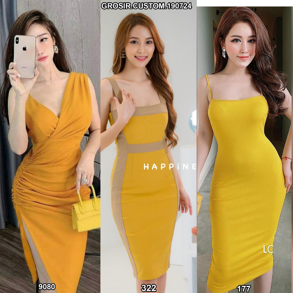 [GROSIR] CUSTOM 190724 Paket Hemat Dress Midi Sexy Dress Code Kuning GOLD Baju Seragam LC Wanita