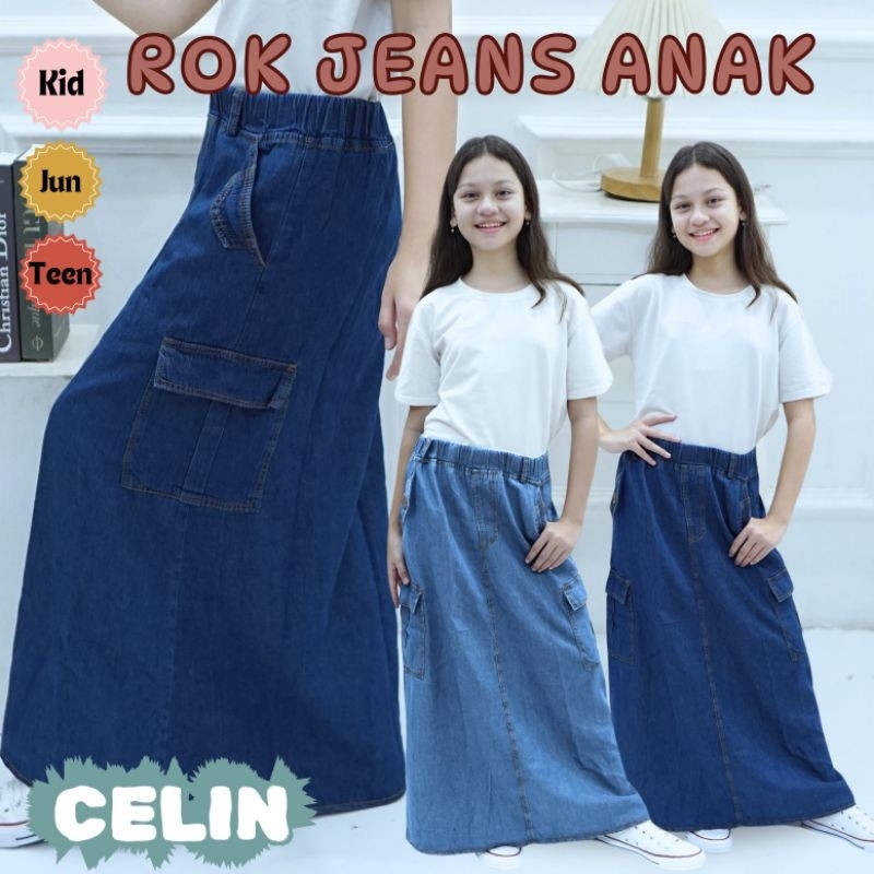 Rok jeans cargo anak perempuan celin