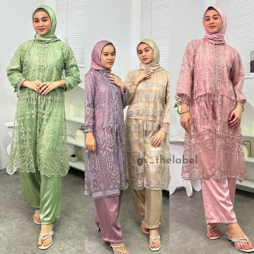 NAIRA SET 3 IN 1 (ATASAN, CELANA, OUTER FREE HIJAB) BAJU LEBARAN KEKINIAN BAHAN SATIN ROBERTO MIX BR