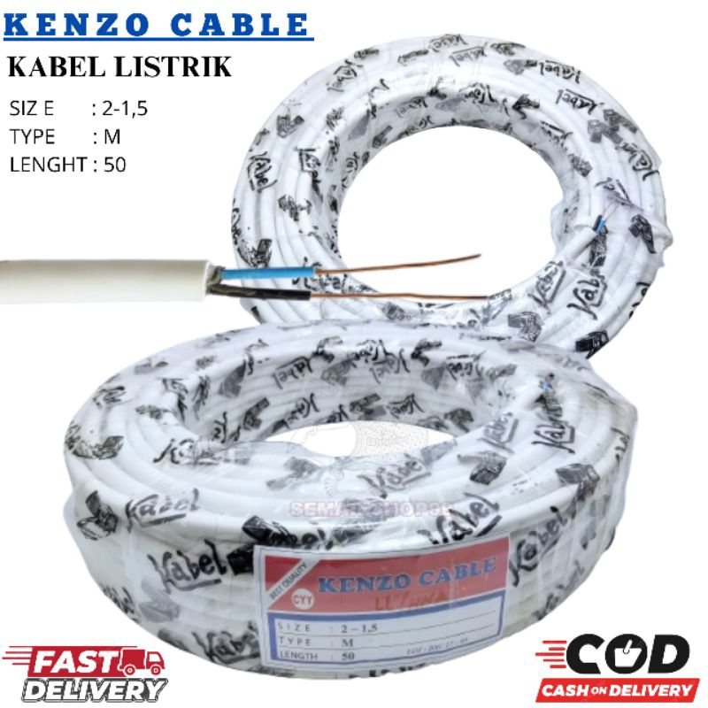 1 Roll KENZO KABEL listrik Kawat besar 2x1,5/ Kabel Nym 2x1,5 50YARD ,bukan eterna/Kabel Kenzo 50yar