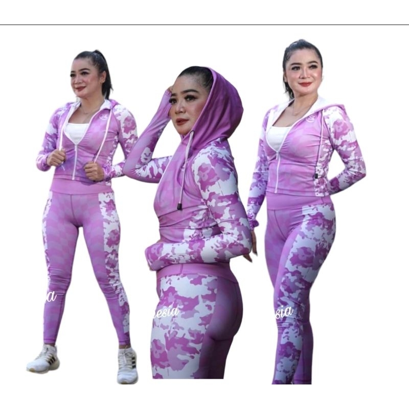 SETELAN BAJU OLAHRAGA SENAM WANITA AEROBIK BERKUALITAS SXB SPORT ARMY VIOLET JACKET CROPP HOODIE AND