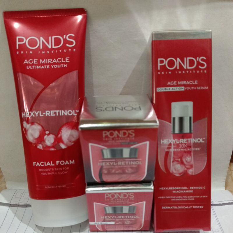 1 PAKET PONDS AGE MIRACLE (FACIALFOAM100GR, KRIM MALAM 10GR, KRIM SIANG 10GR, SERUM DOUBLE ACTION 15