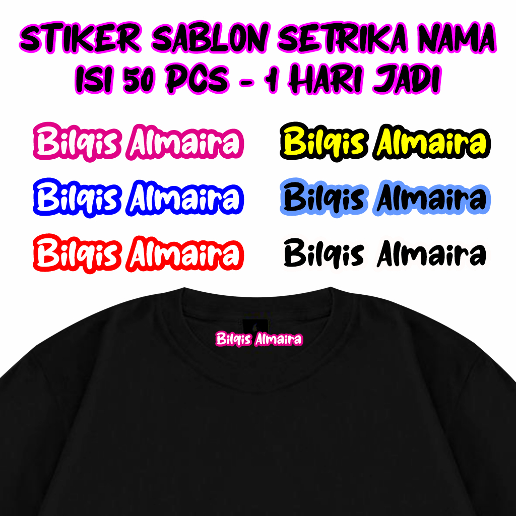 

Sticker Label Nama Kain Baju Isi 50Pcs Kaos Sablon Setrika DTF Stiker Iron Custom Tulisan Tebal