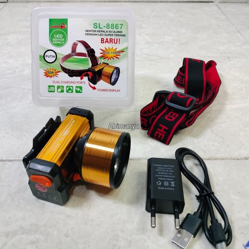 Senter Kepala LED SUNPRO SL-8867 10watt 4800mAh |Cahaya Putih |Baterai Cas