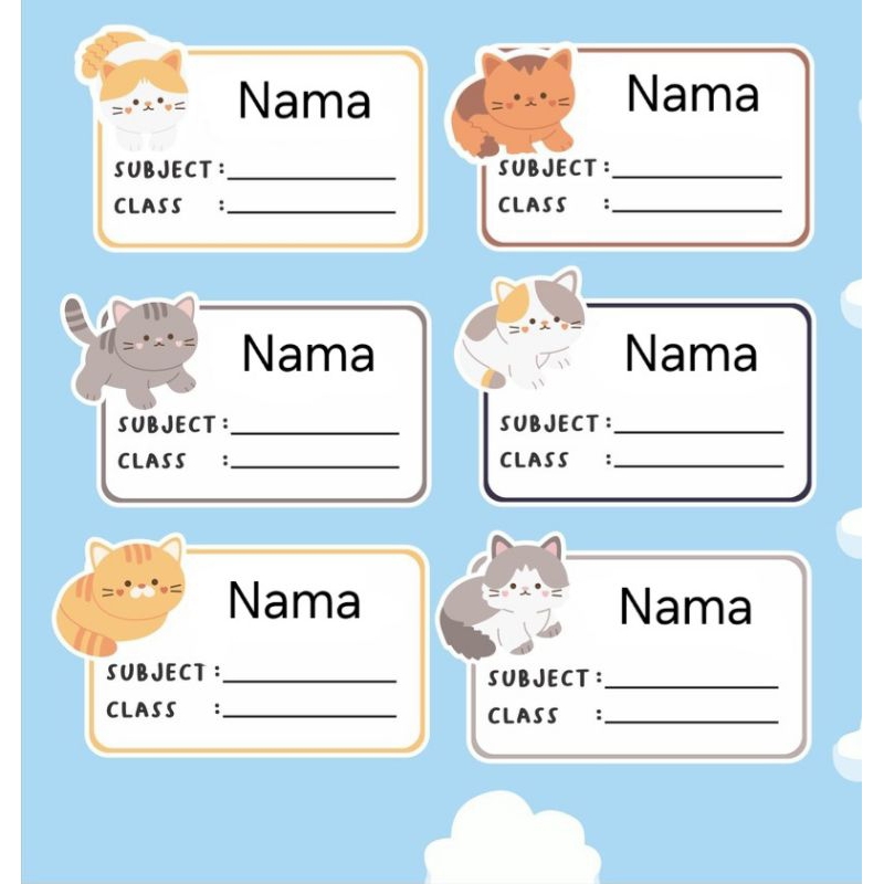

PO 3 hari (Bentuk Kotak) Stiker Sticker Nama Anak untuk di tempel di buku tulis atau buku paket Pelajaran Gambar Kucing Cat Cute Lucu Kitty Kitten