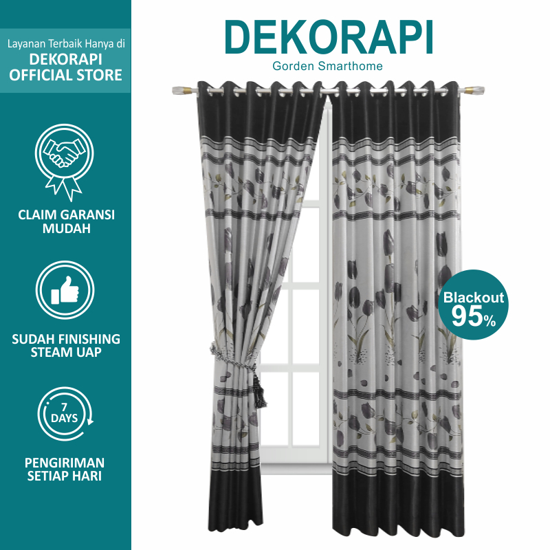DEKORAPI Gorden Blackout Motif Import Warna Hitam Abu Silver Gorden Jendela Pintu Minimalis