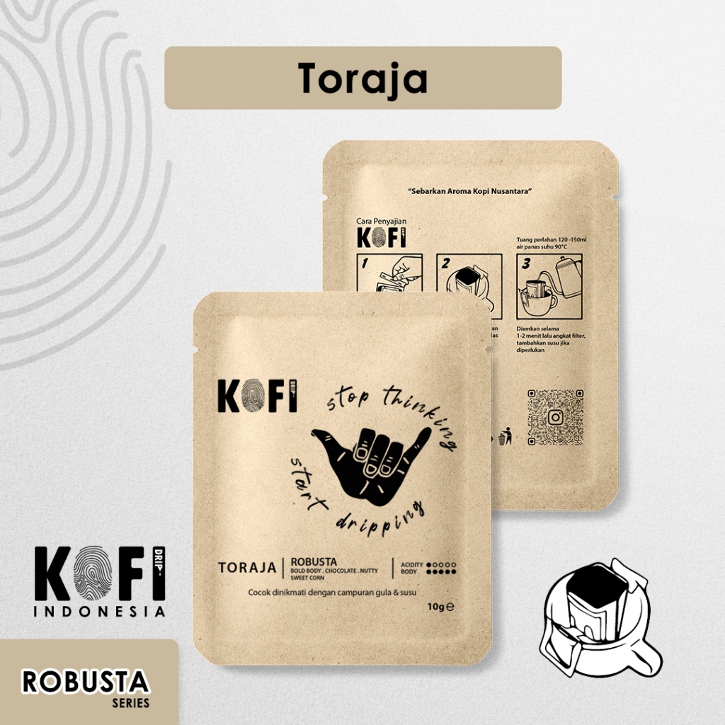 

Kopi Drip Bag, Kofi Robusta - Toraja 10gram, kopi instan tanpa ampas