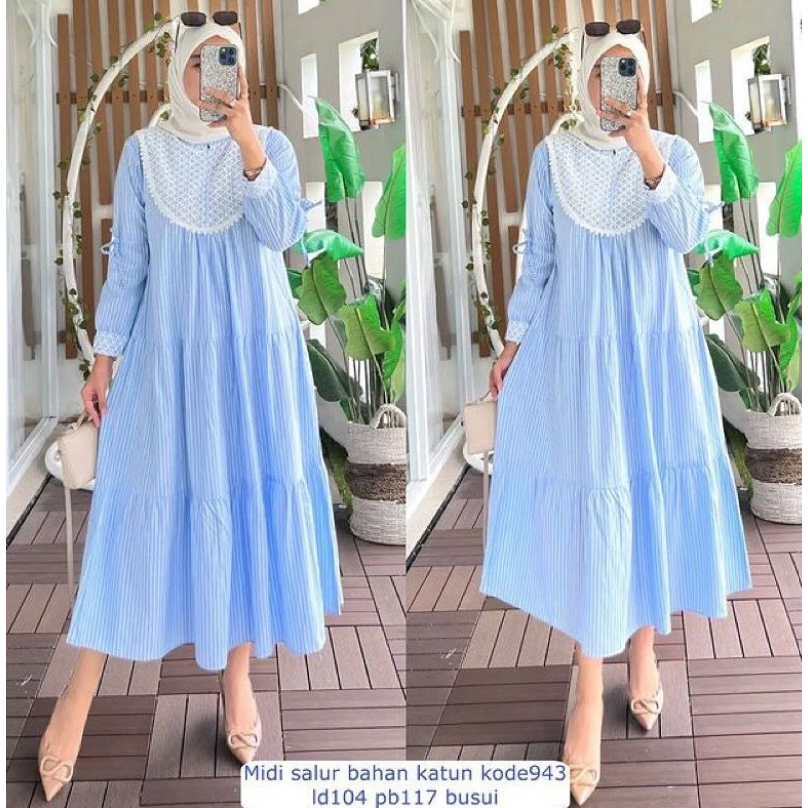 Ayura Midi Dress Bahan katun salur M L XL  Gamis Dress Kondangan Model Terbaru 2024