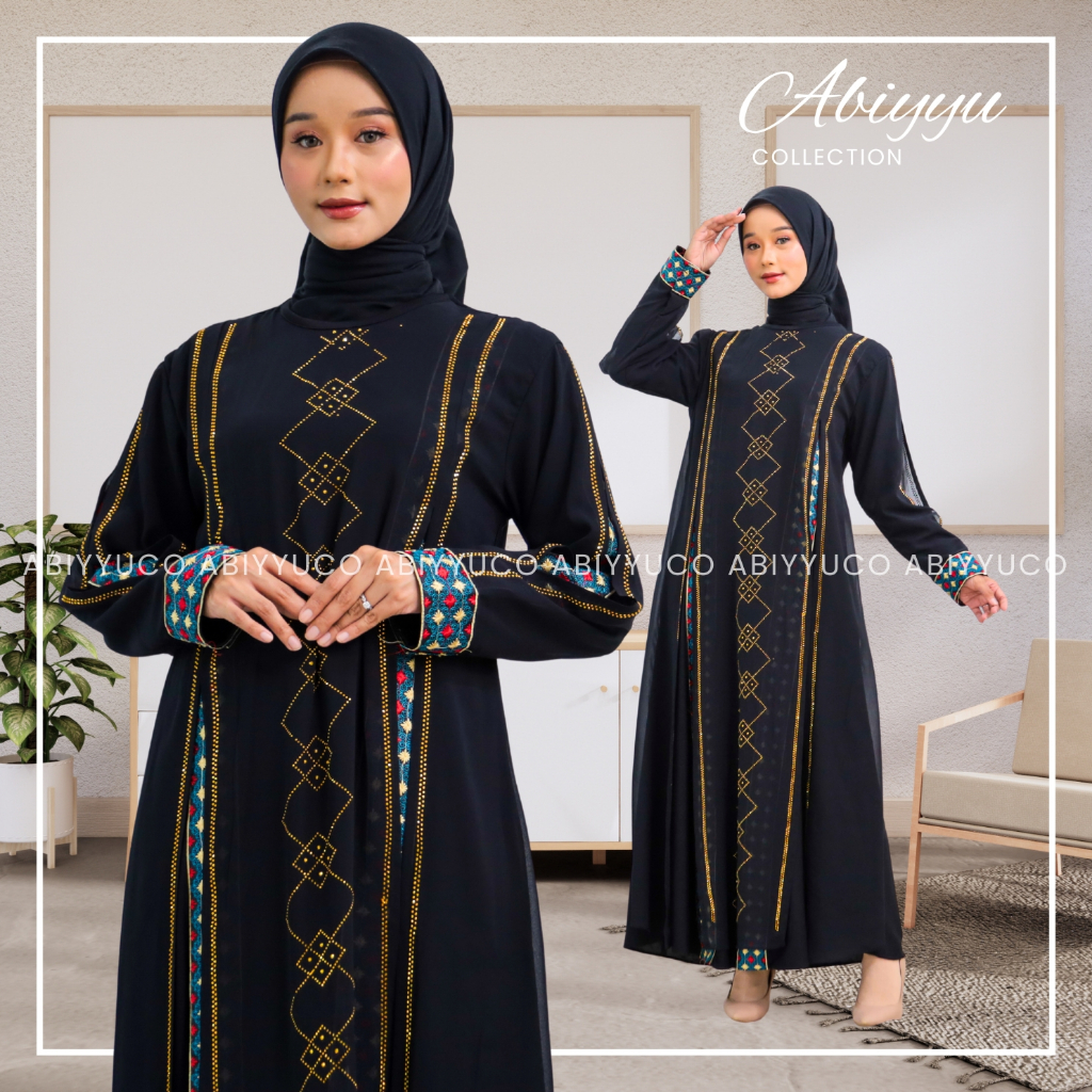 Abiyyuco TA9054 | Abaya Turkey Bordir dan Mote Turki Bahan Jersey mix Ceruty Terbaru Turky Mewah Ele