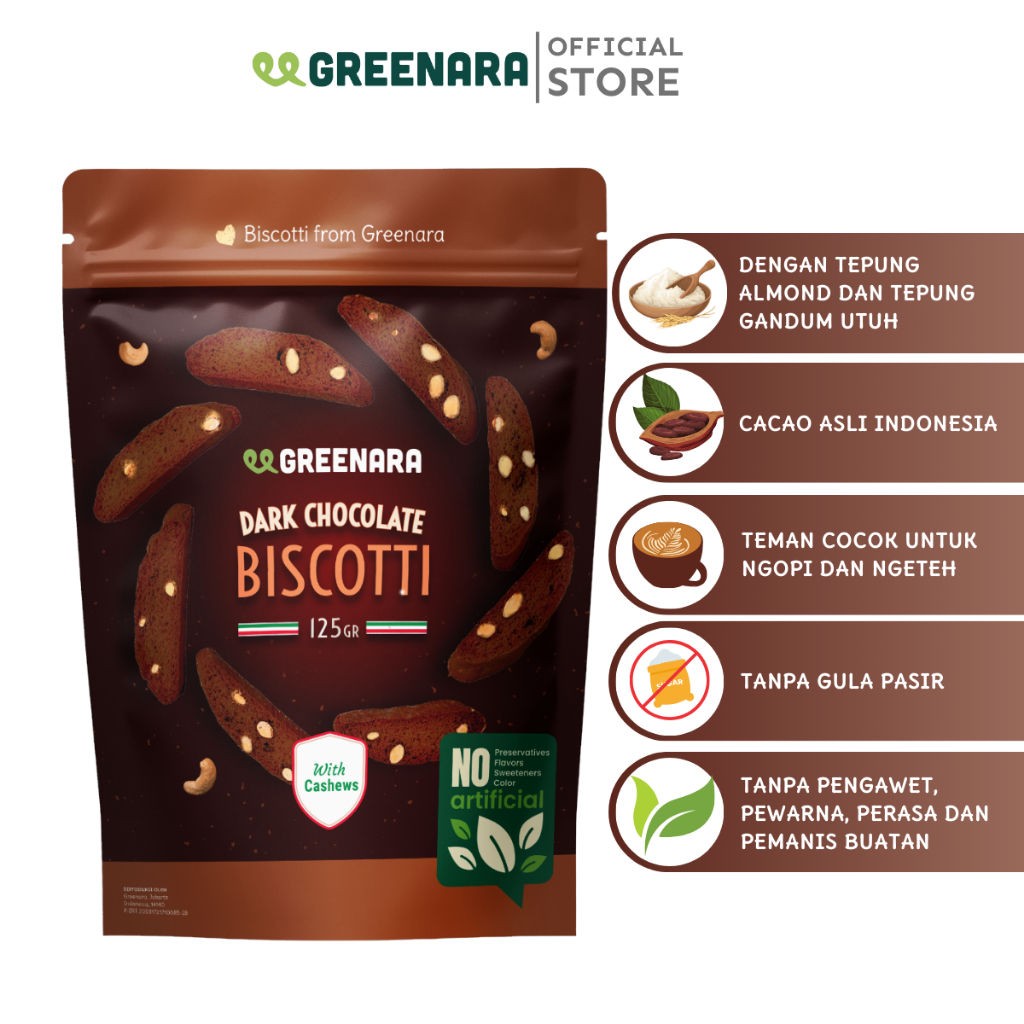 

Greenara Dark Chocolate Cashew Biscotti / Biskuit Sehat Bebas Gula Pasir