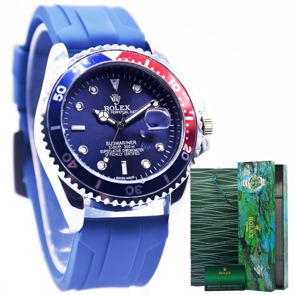COD Jam Tangan Pria Rolex Date Submariner Tali Karet Body Bulat Ring Putar Tanggal Aktif Box Exclusi