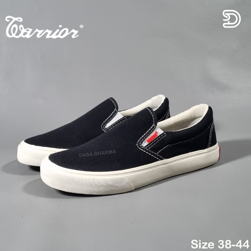 Warrior Sepatu Slip On Sneakers Fashion Pria Kanvas Tanpa Tali Hitam Putih Ukuran 38-44