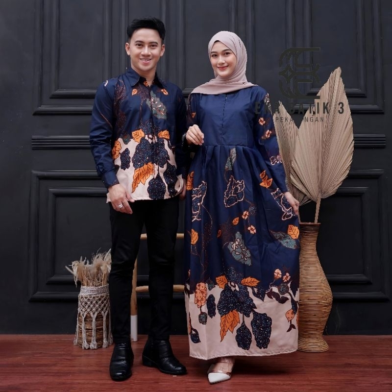 Sepasangan COUPLE baju batik model kekinian sarimbit gamis dan kemeja dewasa pria batik baju kondang