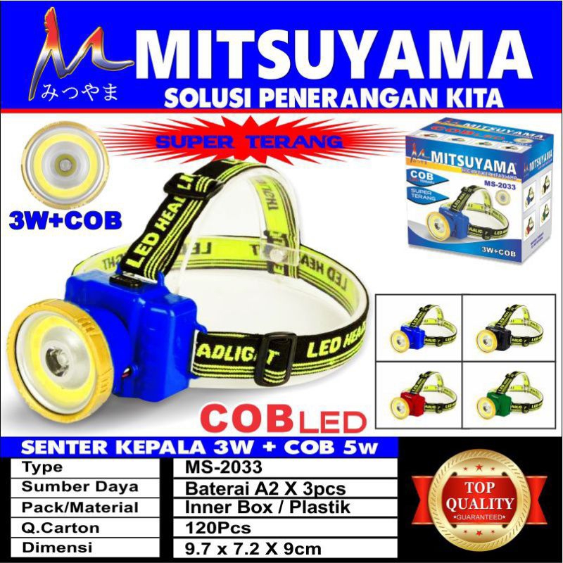 Senter kepala 3W + cob 5W MS 2033 Mitsuyama senter kepala led murah senter kepala baterai tahan lama