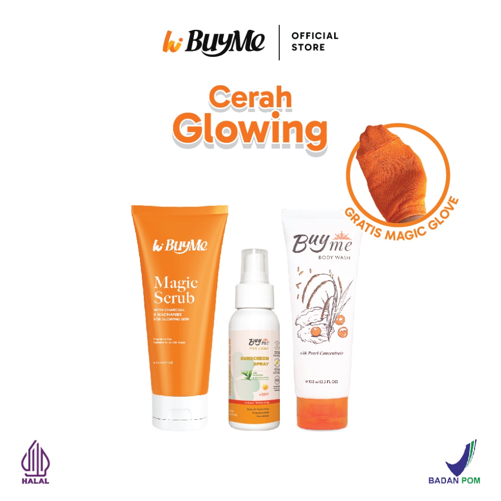 Paket Skincare BuyMe Cerah Glowing - Body Wash BuyMe Sunscreen Spray Scrub 55ml Glove
