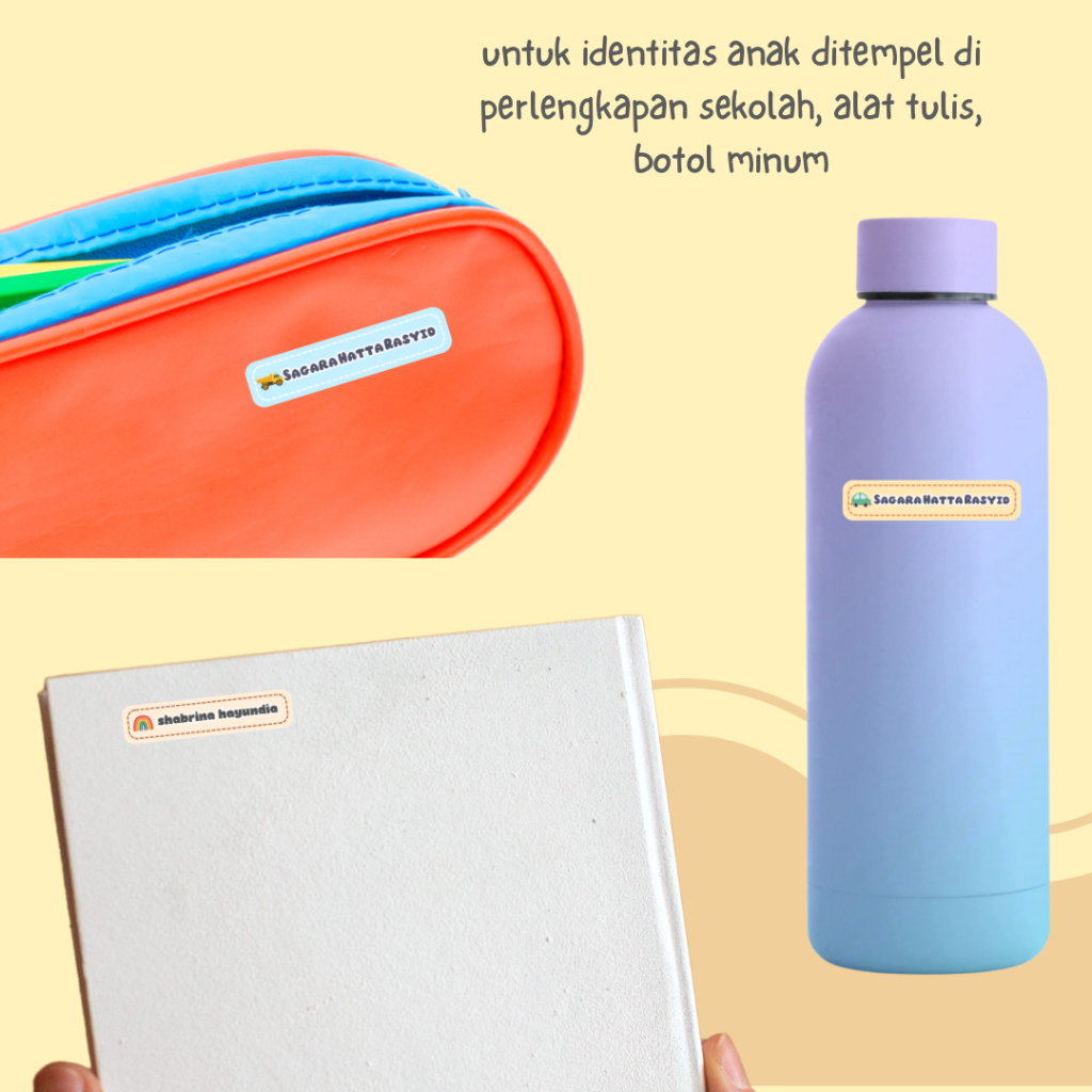 

Stiker label nama custom alat tulis buku botol