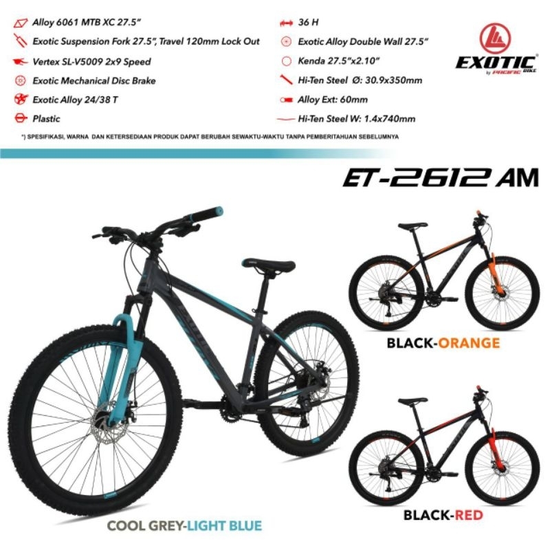 SEPEDA GUNUNG DEWASA MTB 26 / 27.5 INCH ALLOY EXOTIC ET 2612 AM / 2612 AH / ET 2618 AR BY PACIFIC MU