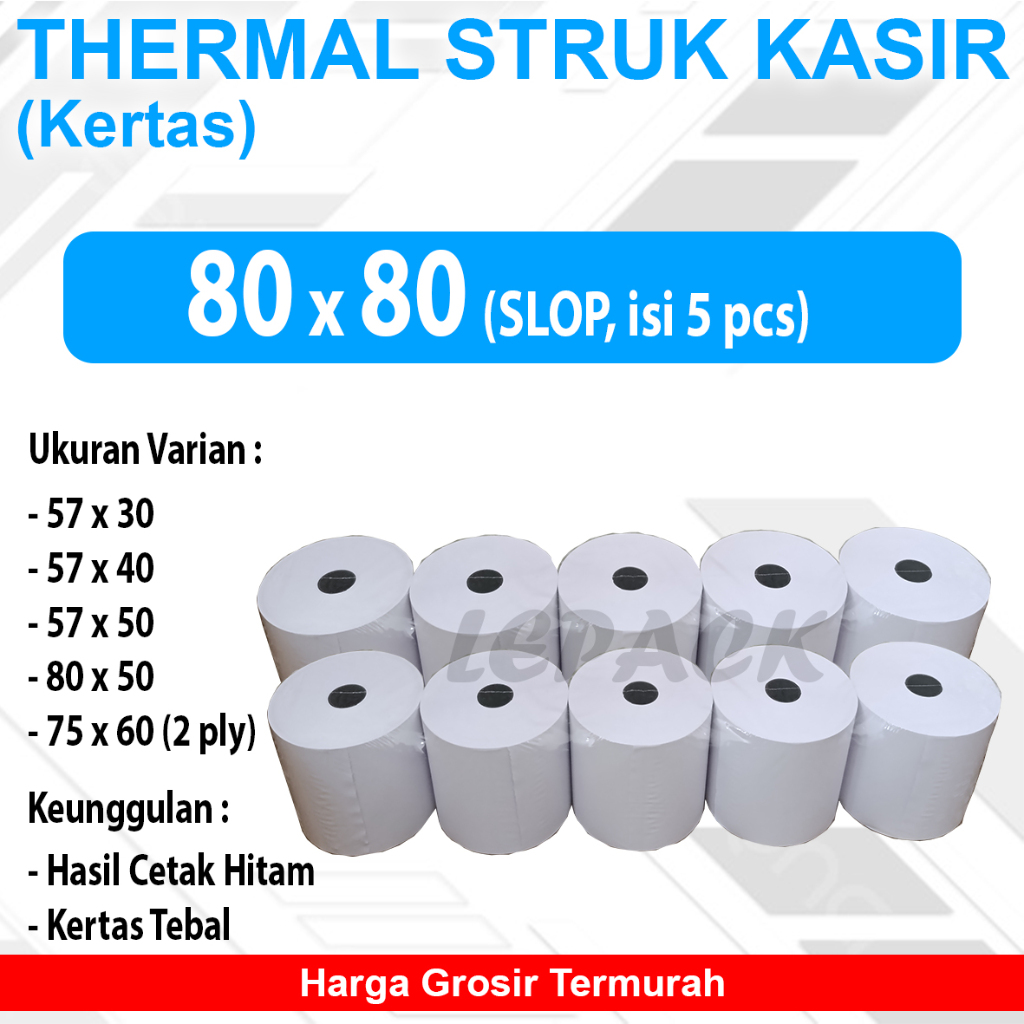 

Thermal Struk 80x80 Paper Roll Struk Kasir PRINT JELAS TAHAN LAMA (1 SLOP isi 5)