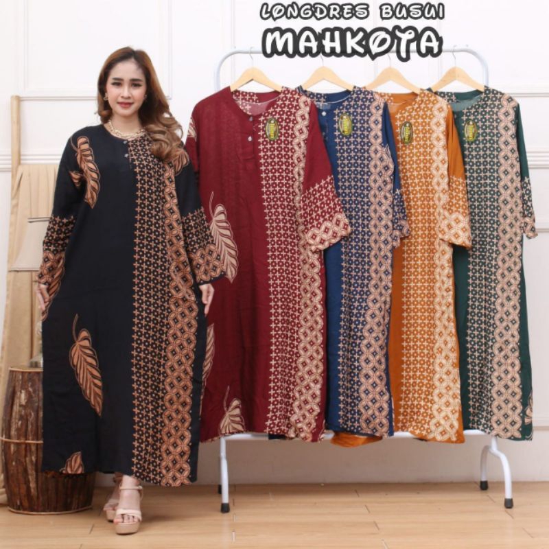 Daster Motif Batik Daun Mahkota Longdress Panjang Wanita Dewasa Remaja Ibu Muslim Lengan Tangan Panj