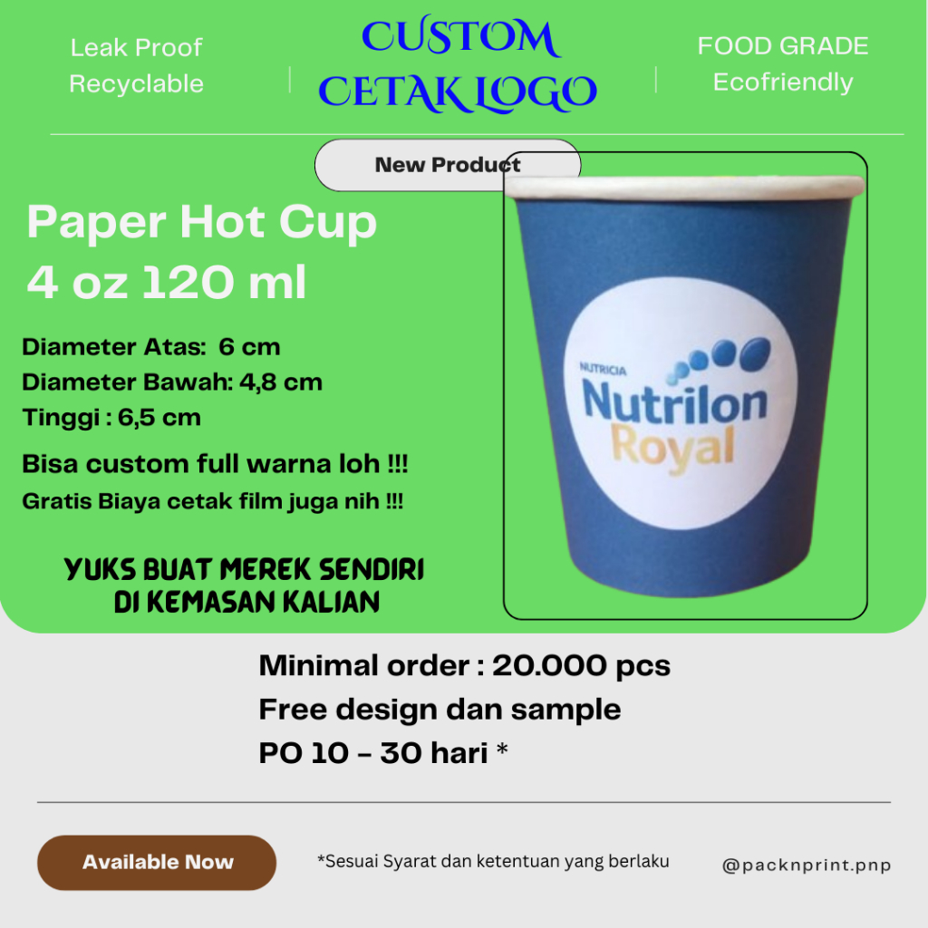 CUSTOM PRINT Full Warna Paper Hot Cup Gelas Kertas 4 oz 120 ml Min 10.000 pcs