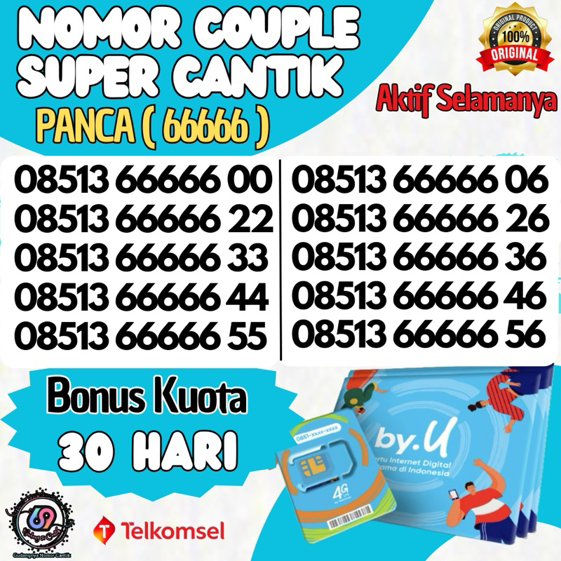 Nomor Cantik Couple PANCA (66666) Perdana by.U Telkomsel (Bonus Kuota 30hari)