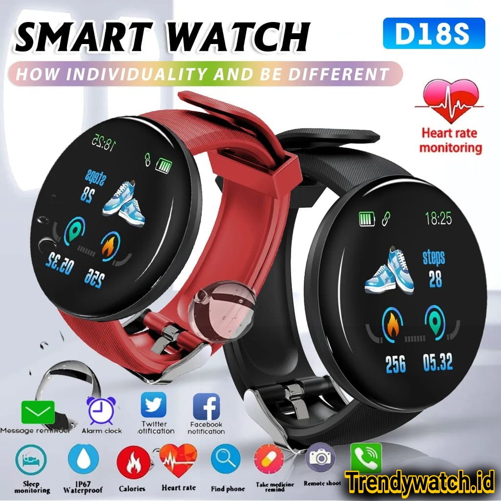 SmartWatch D18 Jam Tangan Pintar Olahraga Anti Air Pria dan Wanita Bluetooth Digital Monitoring Came