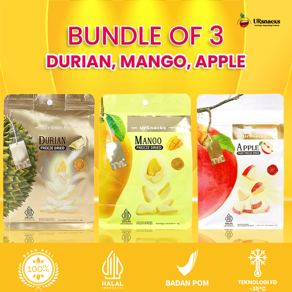 

URSNACKS Bundle Of 3 - Freeze Dried Keripik Sehat Durian + Mango + Apple Vakum Cemilan Diet