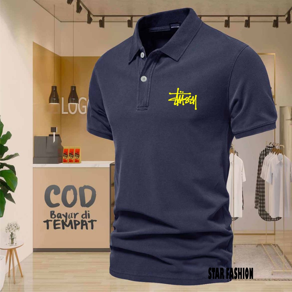 COD T-shrit POLO Kerah Stussy Text Kuning Kaos Kerah Dewasa Shirt / Kaos Wangki Pria Polo / Kaos Ser