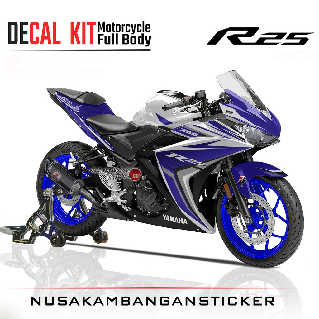 Decal Sticker Yamaha R25 PUTIH GRAFIS BIRU Modifikasi Stiker Full Body