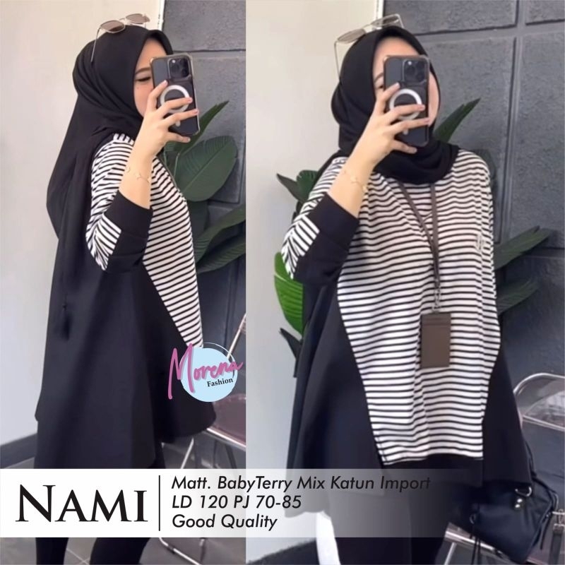 kaos wanita jumbo atasan kaos jumbo salur hitam putih Morena