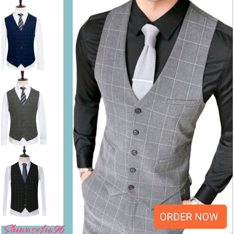Vest Hitam Pria Formal / Vest Kotak Abu /Vest Navy Kotak Formal /Rompi Jas Blazer Bahan semi wol mot
