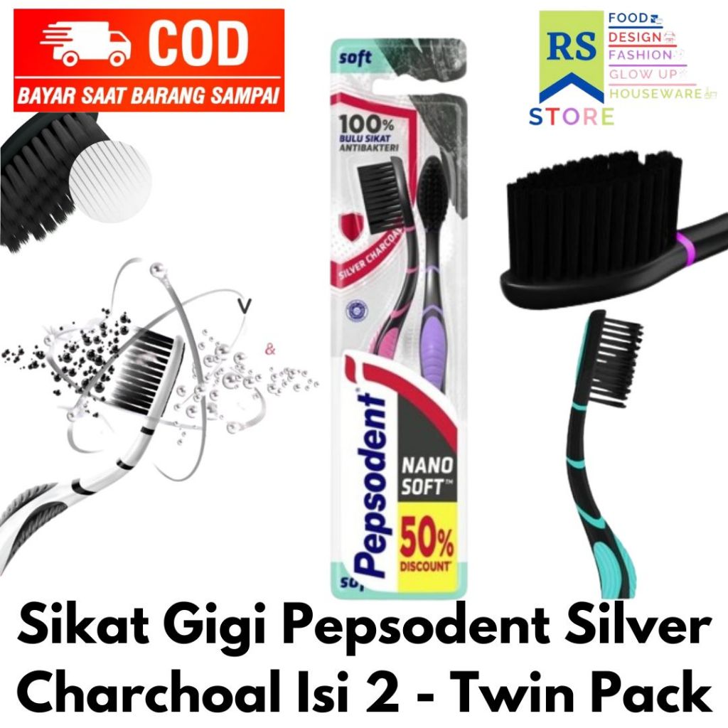 twinpack isi 2 - pepsodent sikat gigi nanosoft silver charcoal - gratis pasta gigi pepsodent complet