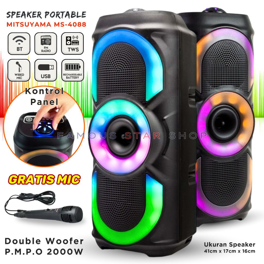 Speaker Bluetooth Full Bass Karaoke LED RGB MITSUYAMA MS-4088 GRATIS MICROPHONE Karaoke Salon Blueto
