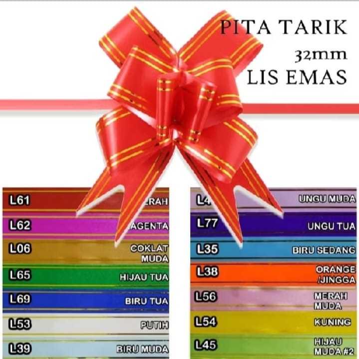 

Pita Tarik 32mm Lis Emas Serut Besar Hiasan Parcel Souvenir Pull Flower Ribbon 30 32 mm Gold Stripes