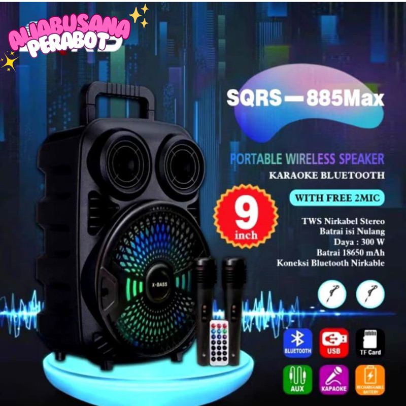Speaker Bluetooth 8,5Inchi SQRS 885 Bonus 2 Microphone  Speaker Wireless Radio fm/Speaker Portable 8