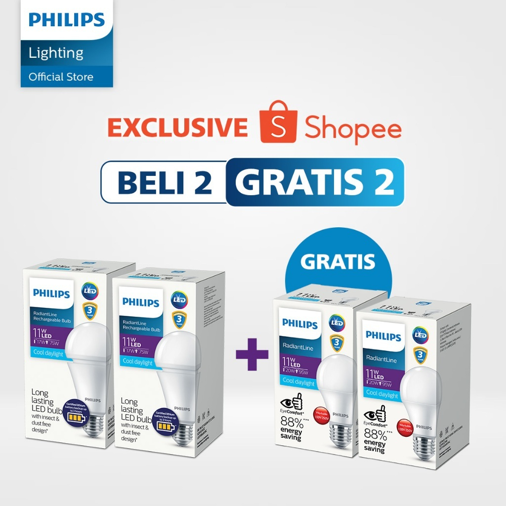 Philips Paket Beli 2 Lampu Radiantline Emergency 11W 6500k Putih Gratis 2 Lampu LED Bulb 11W Putih