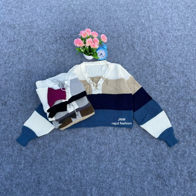 RISA SWEATER RAJUT CROP KERAH TALI LENGAN BALON