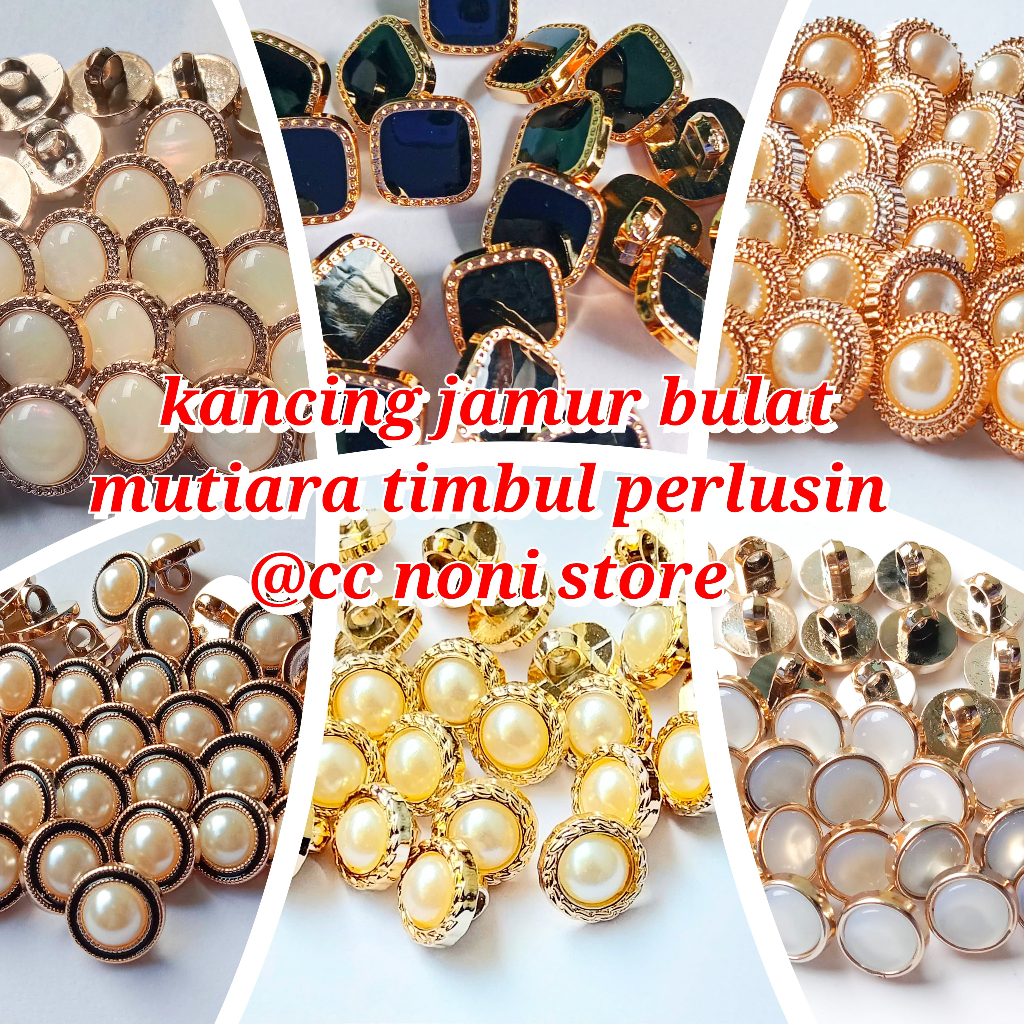 kancing baju mutiara timbul bulat jamur metalik mewah aneka motif uk 1,3cm per lusin