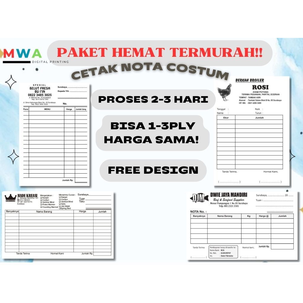 TERMURAH Paket cetak nota costum1 warna, 1, 2, 3 ply FREE DESIGN