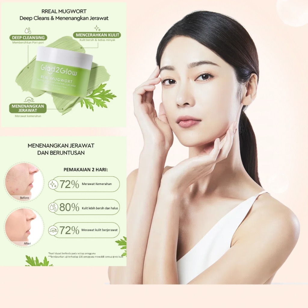 Wb Glad2Glow Mud Masker g2g Masker Wajah Facial Mask Real Mugwort Salicylic Acid Acne Control Clay M