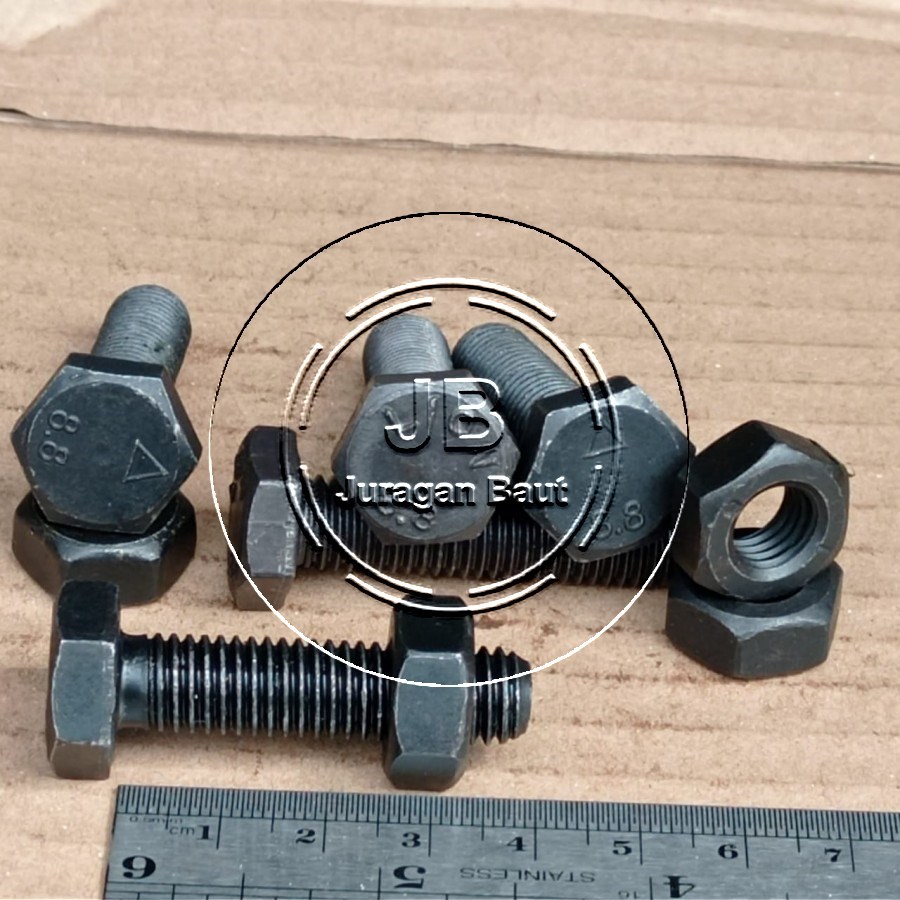 BAUT BAJA KUNCI 17 M10X40 PANJANG 4 CM 4CM GRADE 8.8 HTB M10 X 40 FULL DRAT HITAM BAUT 17 HEXA BOLT 