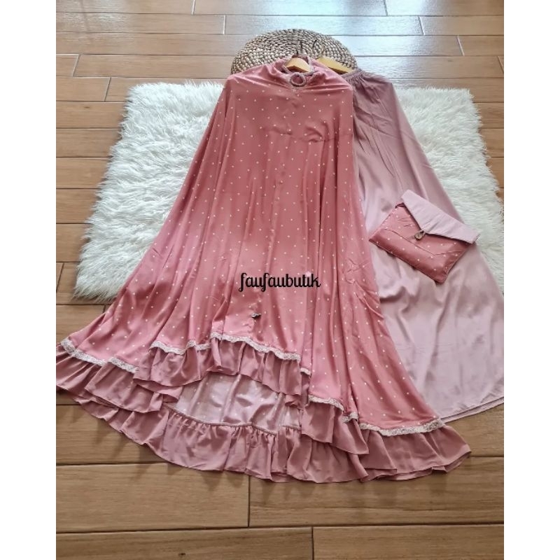 Mukena Rempel Polka Pink, rok dusty pink faufau hijab
