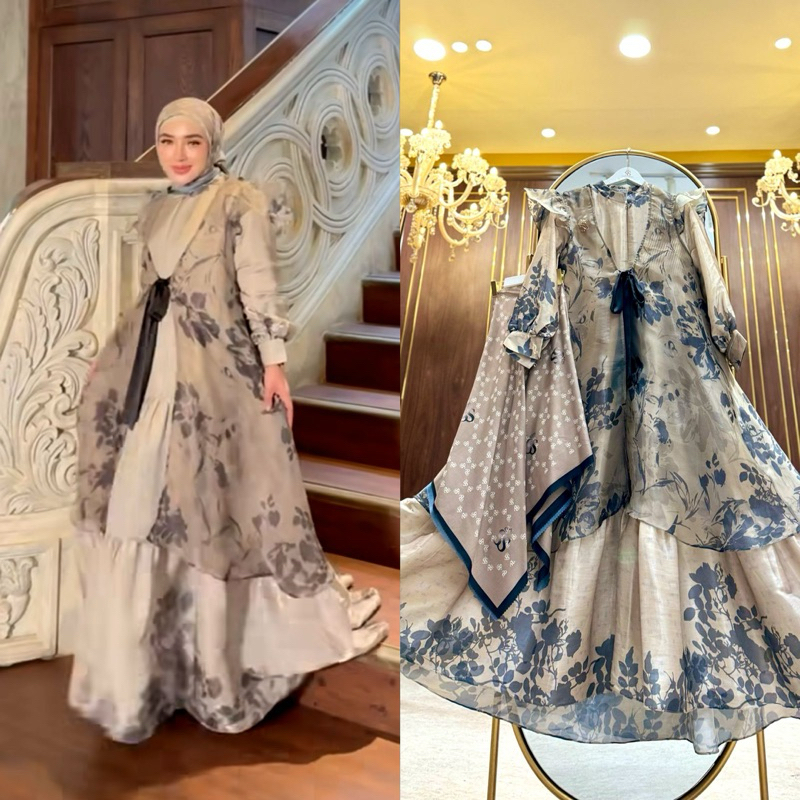 Dress Shimer Long Cardigan Printing Mewah Shellasaukia 100% ORI by Shellasaukia