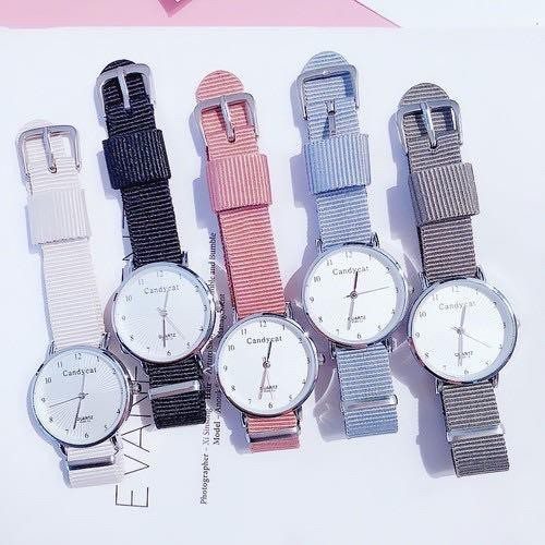 RS070 jam Tangan Wanita Analog Quartz Casual Simple CandyCat Chic Strap Nylon Kanvas Fashion