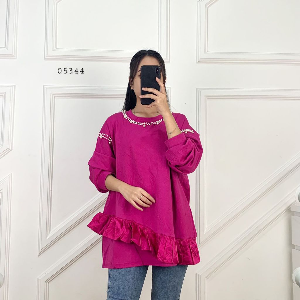 05344 TUNIK LENGAN PANJANG BAHAN KATUN WANITA KOMBINASI SATIN SILK MIX KERAH PAYET PEARL MIX PAYET P