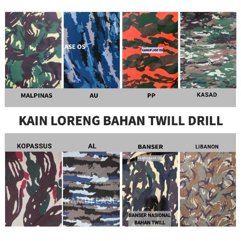 Bahan kain drill twill loreng tni ad Au Lebanon PP banser  TWILL POLY