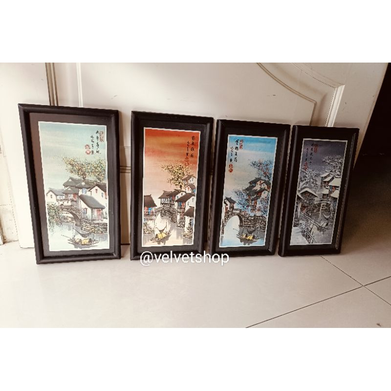 Lukisan cetak antik antique jadul hiasan dinding sovenir pemandangan watercolour cat air desa China 