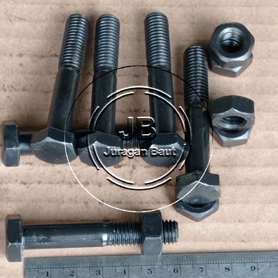 BAUT BAJA KUNCI 17 M10X60 PANJANG 6 CM 6CM GRADE 8.8 HTB M10 X 60 HALF DRAT HITAM BAUT 17 HEXA BOLT 