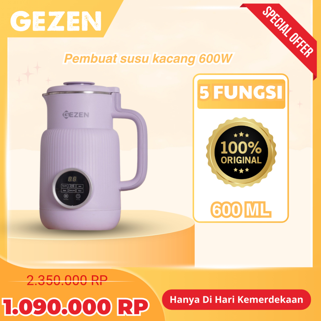 Mesin Pembuat Susu Kacang GEZEN Asli, Memiliki 5 Mode Memasak, Desain Mewah, Garansi 12 Bulan.